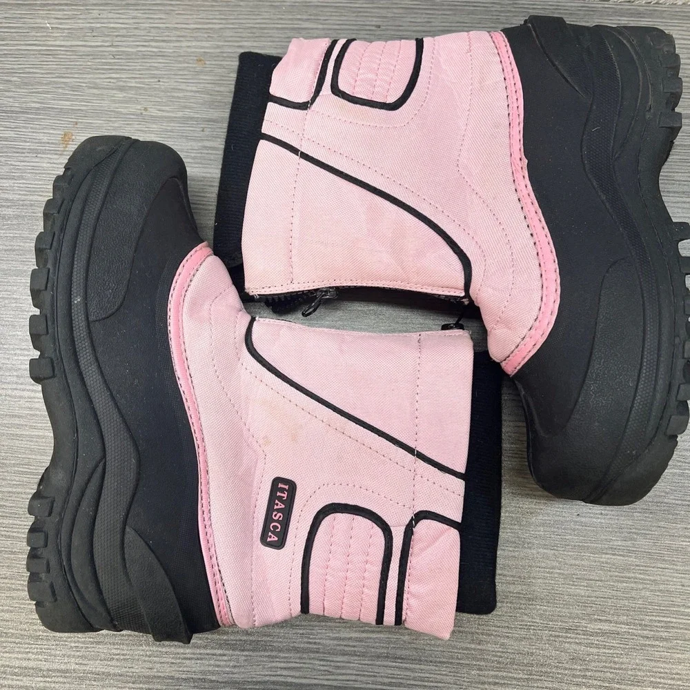 Itasca Kids Girls Pink Black Nylon Winter Snow Boots Size 6 Waterproof Front Zip